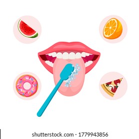 Teeth ot tongue cleaning and oral hygiene concept. Open mouth with blue toothbrush. Vector icon about dental care, how to brush teeth.	