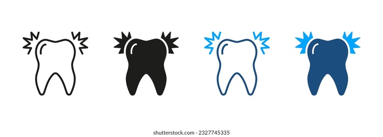 Dolor Diente, Ache Diente, Sensibilidad, Dolor. Silhouette de dolor de dientes y conjunto de iconos de línea. Odontología, Pictograma de asistencia médica oral. Colección de símbolos de tratamiento dental. Ilustración de vectores aislados.