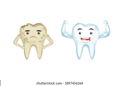 Teeth Plaque Cartoon Characters And Dental Whitening With Before And After Result Comparison. Dental Mouth Procedure With Bad, Dirty Tooth With Cavity And Cracks Improvement To Clean, White And Shiny.