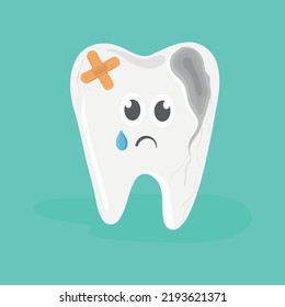 Dientes. Diente liso, diente blanco brillante. Higiene de la boca y dolor de muelas. Personajes vectoriales tristes y felices dentales