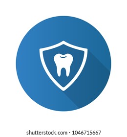 Teeth protection flat design long shadow glyph icon. Tooth inside shield. Vector silhouette illustration