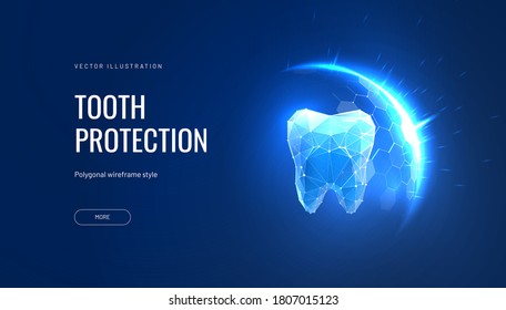 Teeth protection futuristic vector illustration in polygonal style. Shield over tooth concept for dental advertising about safety in technological geometric interpretation