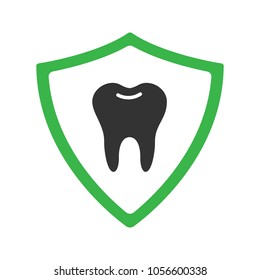 Teeth protection glyph icon. Tooth inside shield. Silhouette symbol. Negative space. Vector isolated illustration