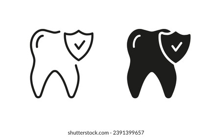 Teeth Protection and Hygiene Silhouette and Line Icon Set. Tooth Defense. Dental Treatment Black Symbol Collection. Medical Oral Care. Dental Insurance Pictogram. Isolated Vector Illustration.