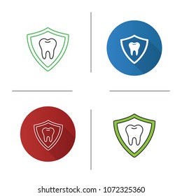Teeth protection icon. Tooth inside shield. Flat design, linear and color styles. Isolated vector illustrations