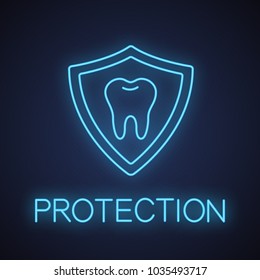 Teeth protection neon light icon. Stomatology glowing sign. Tooth inside shield. Vector isolated illustration