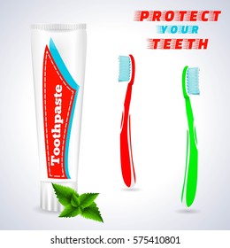 Teeth Protection for Oral Hygiene,Medical Conception for Tooth Clinic.Red Toothbrush and Green Toothbrush with Toothpaste Tube,Spearmint Flavor with mint flavor leaves on simple White Gray Background