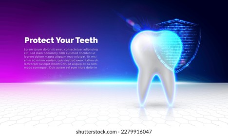 Teeth protection. White tooth protected by glowing digital shield. Futuristic modern dental banner with place for text. Vector illustration.