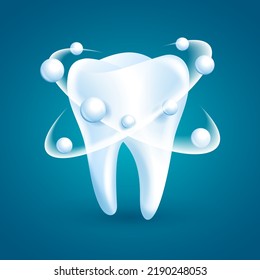 Teeth protection and whitening of enamel - icon for toothpaste. Tooth on blue background