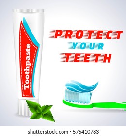 Teeth Protection,Medical Conception for Tooth Clinic.Green Toothbrush,Blue Toothpaste Cleaning,Paste Toothbrush.Toothpaste Tube,Spearmint Flavor with mint flavor leaves on simple White Gray Background