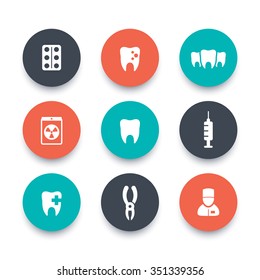 Teeth round icons, dental care, tooth cavity, toothcare, stomatology, vector illustration