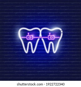 Teeth with self-ligating braces neon icon. Orthodontics concept. Sign for dentistry clinic.