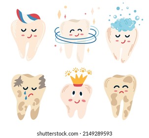 Teeth set. Clean teeth with toothpaste, foam, crown and caries. Cute tooth cartoon characters. Oral hygiene, teeth cleaning. Dental concept for your design. Vector Hand draw illustration
