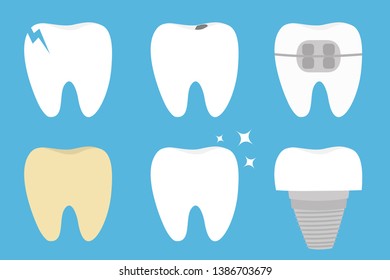 Teeth set. Cracked, broken, healthy yellow white ill tooth dental implant prosthesis, braces. Shining star. Cute cartoon kawaii icon. Oral dental hygiene. Baby background. Flat design. Vector