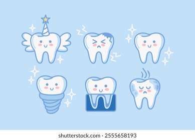 Teeth, a set of cute characters in kawaii style. Tooth fairy, x-ray, implant, caries. Healthy organ, digestive system. Vector illustration. Health problems.