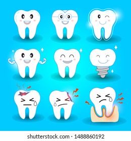 teeth set. Cute tooth characters. Dental personage vector illustration. Dental concept for your design. Oral hygiene, teeth cleaning.