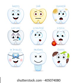 Teeth set. Dental collection for design. Icons. Vector illustration. White background. For pediatric dentistry.