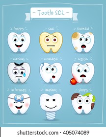 Teeth set. Dental collection for design. Icons. Vector illustration. Dark background. For pediatric dentistry.