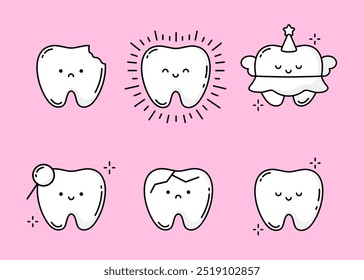 Aparelho de dentes. Dentes de personagens engraçados para a odontologia infantil. Fada dentária, Dente saudável e doente, exame de dentista, Crack, Caries. Conceito de odontologia e ortodontia. Vetor sobre fundo rosa