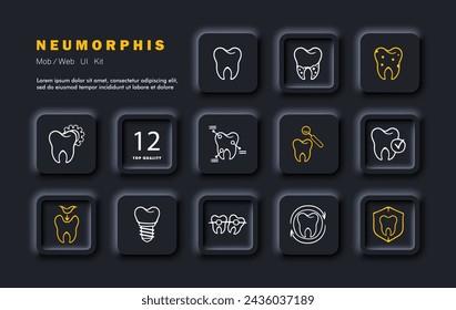 Teeth set icon. Tooth, its analysis, caries, oral health, tooth extraction, braces, inserts, tooth protection. Dentistry concept. Neomorphism style. Vector line icon