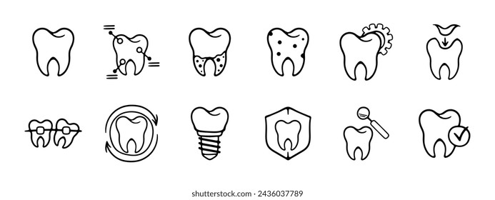 Icono de dientes. Diente, su análisis, caries, salud bucal, extracción dental, ortesis, insertos, protección dental. Concepto de odontología. Icono de línea vectorial sobre fondo blanco.