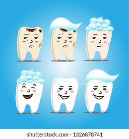 teeth set with toothpaste and caries children's version. you need to brush your teeth with toothpaste so that they are clean and not sore