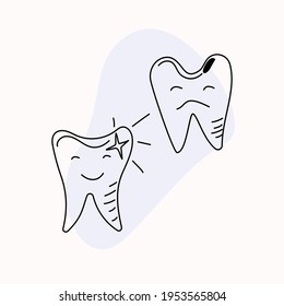 Los dientes están enfermos y sanos. Estilo Doodle. Gráficos vectoriales aislados fondo.