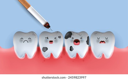 Teeth feel bad with smoke problem. dangers of smoking. cigarette burns out and kills the teeth. save your teeth effects dental health. vector design.