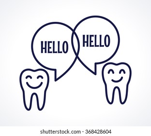 Teeth with speech bubbles. Talking teeth. Dark-blue linear tooth sign, symbol, icon, logo, concept. Place for your text