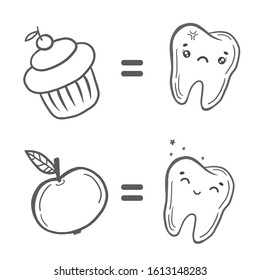 Teeth and sweets. Teeth and fruits. Vector linear illustration. Doodle style drawing.