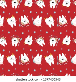 Teeth that show you how to get rid of dirt and germs. Teeth cleaning. Background. Seamless vector illustration on a red background.