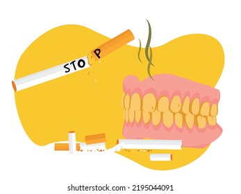 Los dientes que son amarillos y se pudren de los cigarrillos. Deja de fumar.