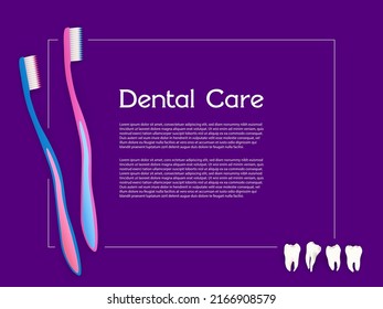 Teeth and toothbrush dental care every day hygiene concept banner. Dentistry health care teeth checkup and cleaning oral procedures with two tooth brushes.
