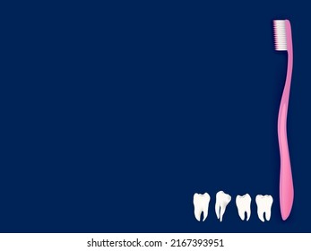 Teeth and toothbrush dental care every day hygiene concept banner. Dentistry health care teeth checkup and whitening cleaning oral procedures with tooth brush on dark blue background