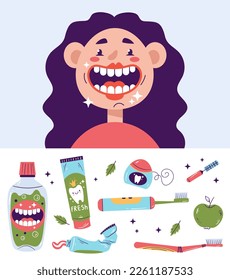 Láminas de dientes de dientes de dientes de dientes para el cuidado dental herramientas de limpieza dental conjunto aislado. Ilustración del diseño gráfico del vector 