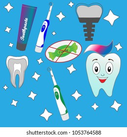 Teeth and Toothbrush. Toothpaste and dental implant on blue background.