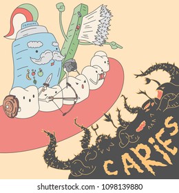 Teeth, toothbrush and toothpaste fight against caries