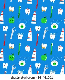 Teeth, toothbrushes, apple, toothpastes, dental floss. Seamless vector pattern in simple cute style for kids about dentistry, oral hygiene.