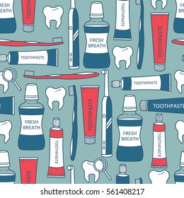 Teeth, toothbrushes and toothpastes, seamless pattern vector. Colorful background with personal care products. Decorative illustration with dental symbol. Good for a printing, dental clinic