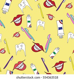 Teeth and toothpaste. Toothbrushes intertwine with smiles. Seamless pattern. Illustration on a yellow background. Freehand sketch.