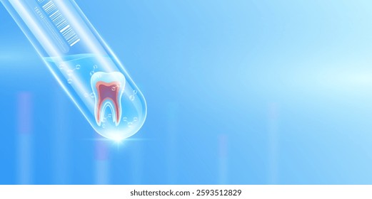 Teeth transparent and molecule in glass test tube with empty space for text. Human internal organ anatomy sample science research experiment. Medical scientific concept. Banner vector.