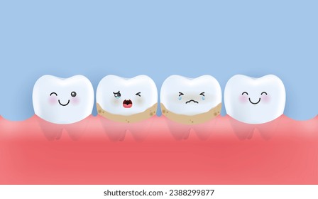 Teeth is treating big unhealthy teeth plaque, scaling, drilling plaque and caries teeth. teeth character for kids. cute dentist mascot for medical apps, websites and hospital. vector design.