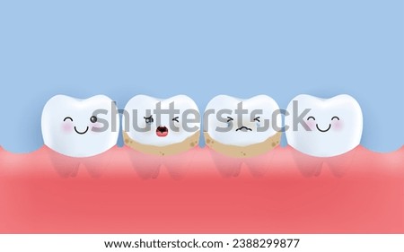 Teeth is treating big unhealthy teeth plaque, scaling, drilling plaque and caries teeth. teeth character for kids. cute dentist mascot for medical apps, websites and hospital. vector design.
