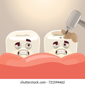 Teeth treatment with dental drill. Vector flat cartoon illustration