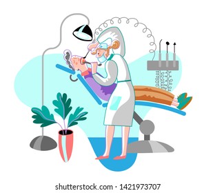 Teeth treatment flat vector illustration. Patient and doctor in dentistry office cartoon characters. Stomatologist appointment, man in dentist chair isolated clipart. Stomatology, orthodontics