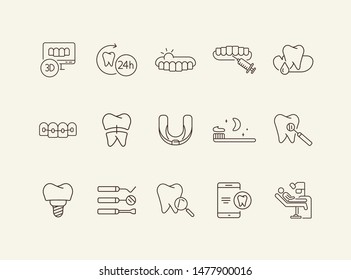 Teeth treatment line icon set. Dentist tools, injection, braces. Dental care concept. Can be used for topics like denture, dentistry, stomatology