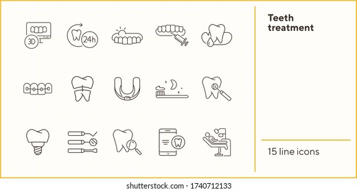 Teeth treatment line icon set. Dentist tools, injection, braces. Dental care concept. Can be used for topics like denture, dentistry, stomatology