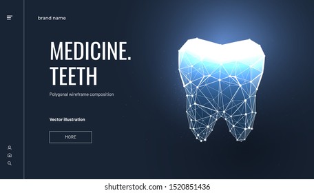 Teeth treatment low poly landing page template. 3d healthy tooth polygonal illustration. Modern dentistry services, teeth whitening banner. Innovative stomatology clinic homepage design layout