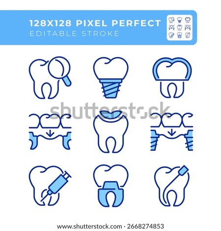 Teeth treatment pixel perfect line color icons set. Dental bridge, examination. Medical service, stomatology. Vector illustrations. Simple flat colorful symbols collection. Editable stroke