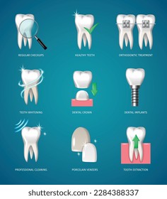 Teeth treatment realistic icons set with dental implants and artificial veneers isolated vector illustration